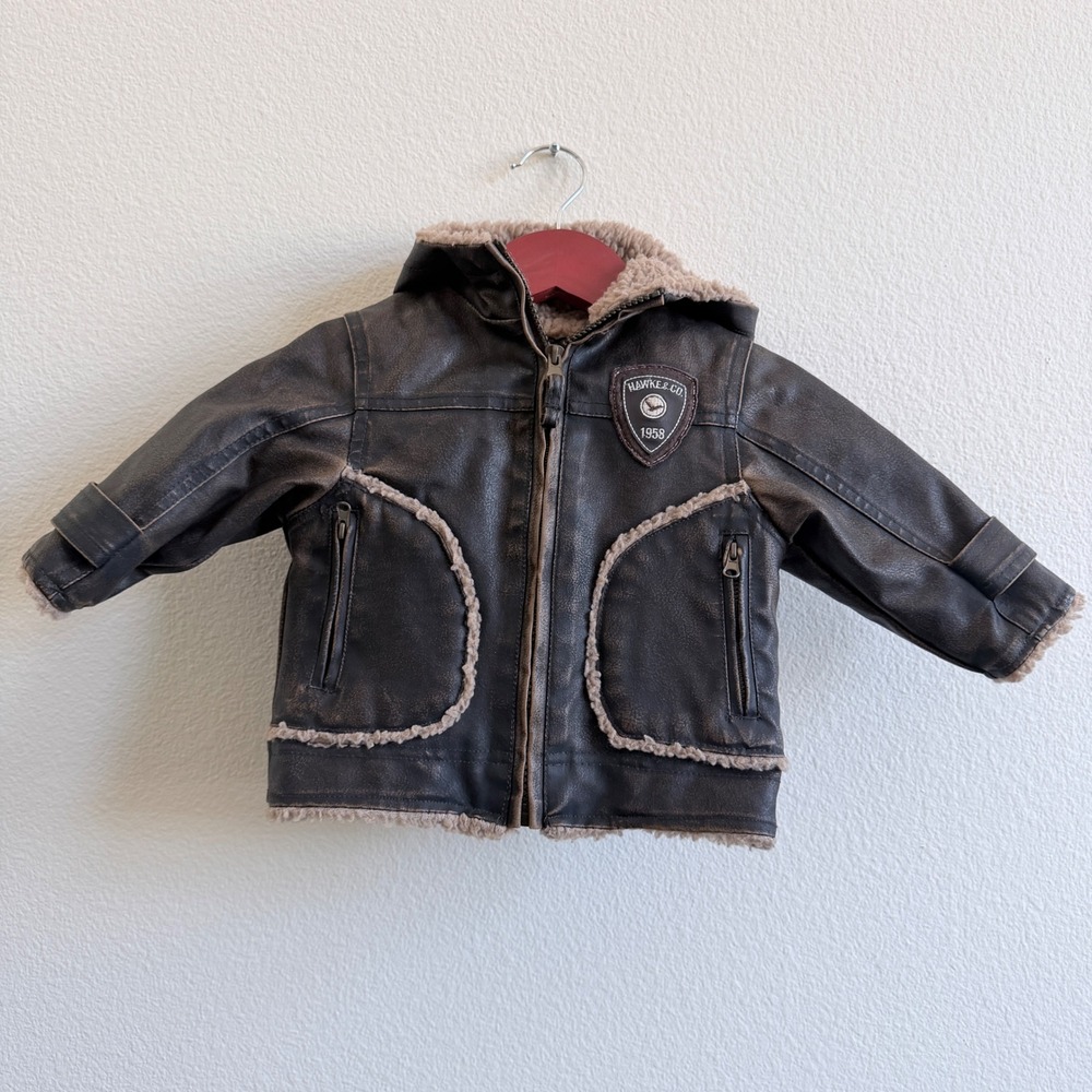 Hawke & Co Kids Brown Faux Leather Sherpa Lined Aviator Hooded Jacket 12M